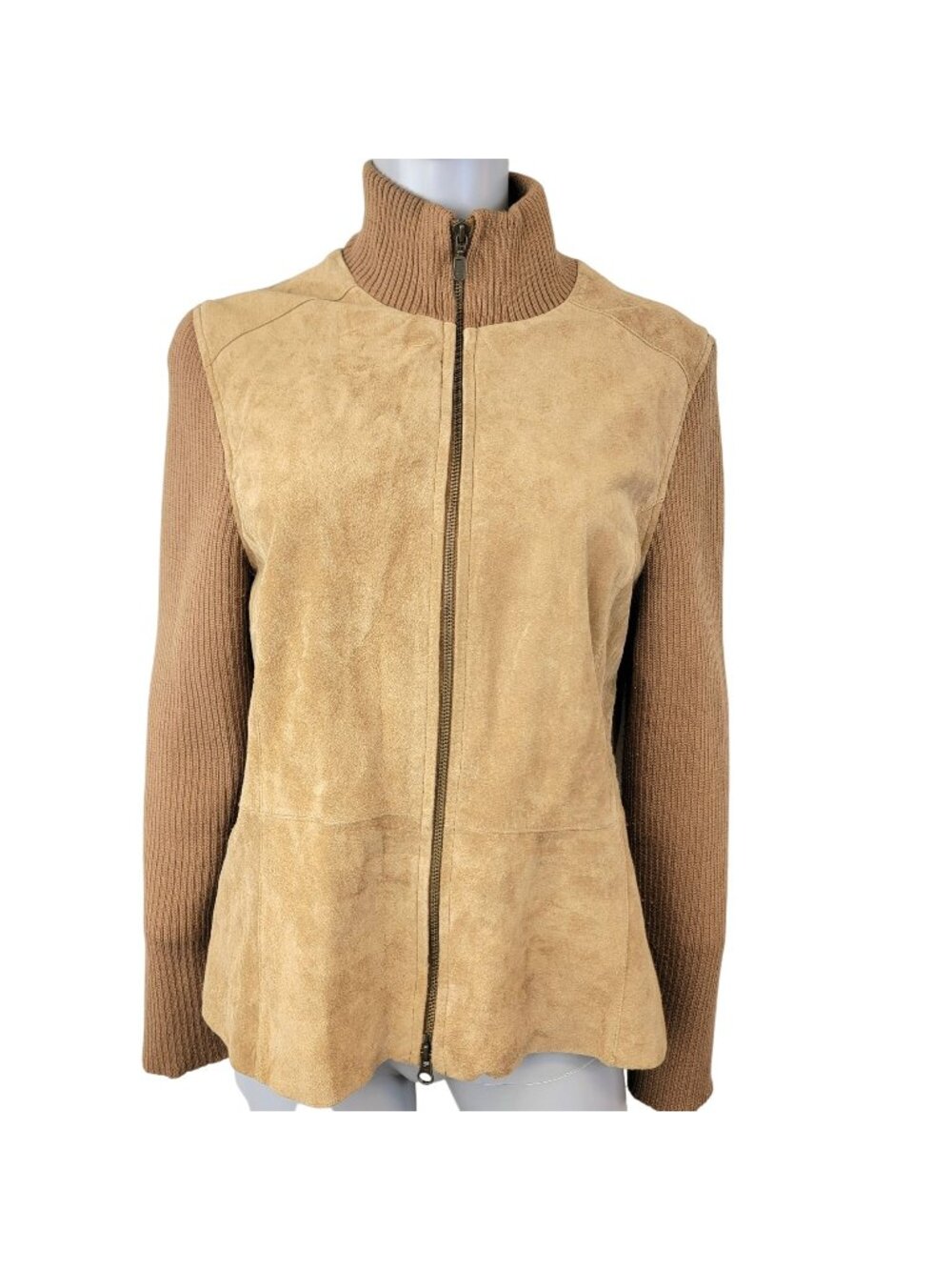 Vintage y2k Suede Leather Jacket Women Large Tan Ribbed Sleeve Zip Elbow Patch L